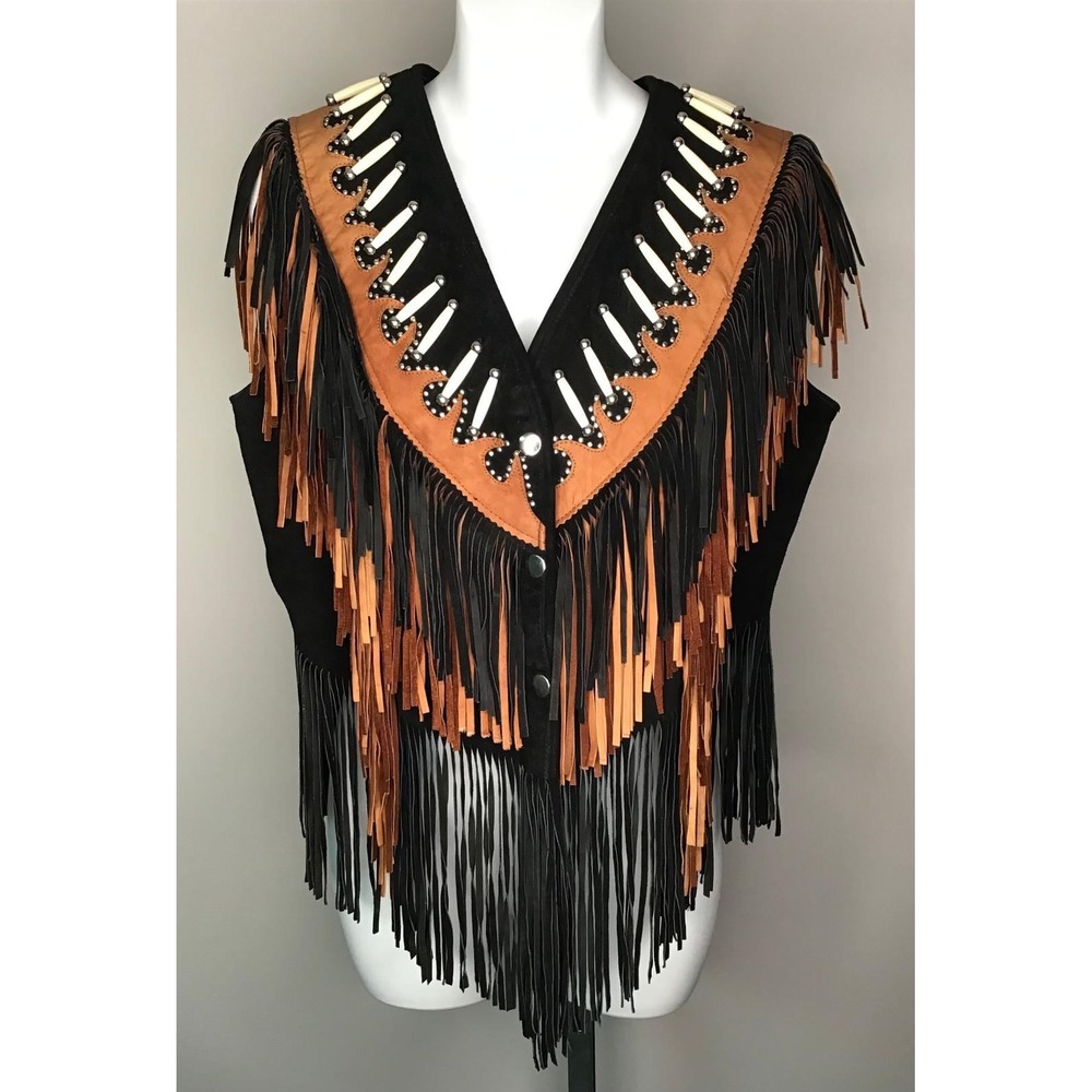 Western World by Shaf Womens L Suede Fringe Vest Black Tan Bone Bikercore Rodeo